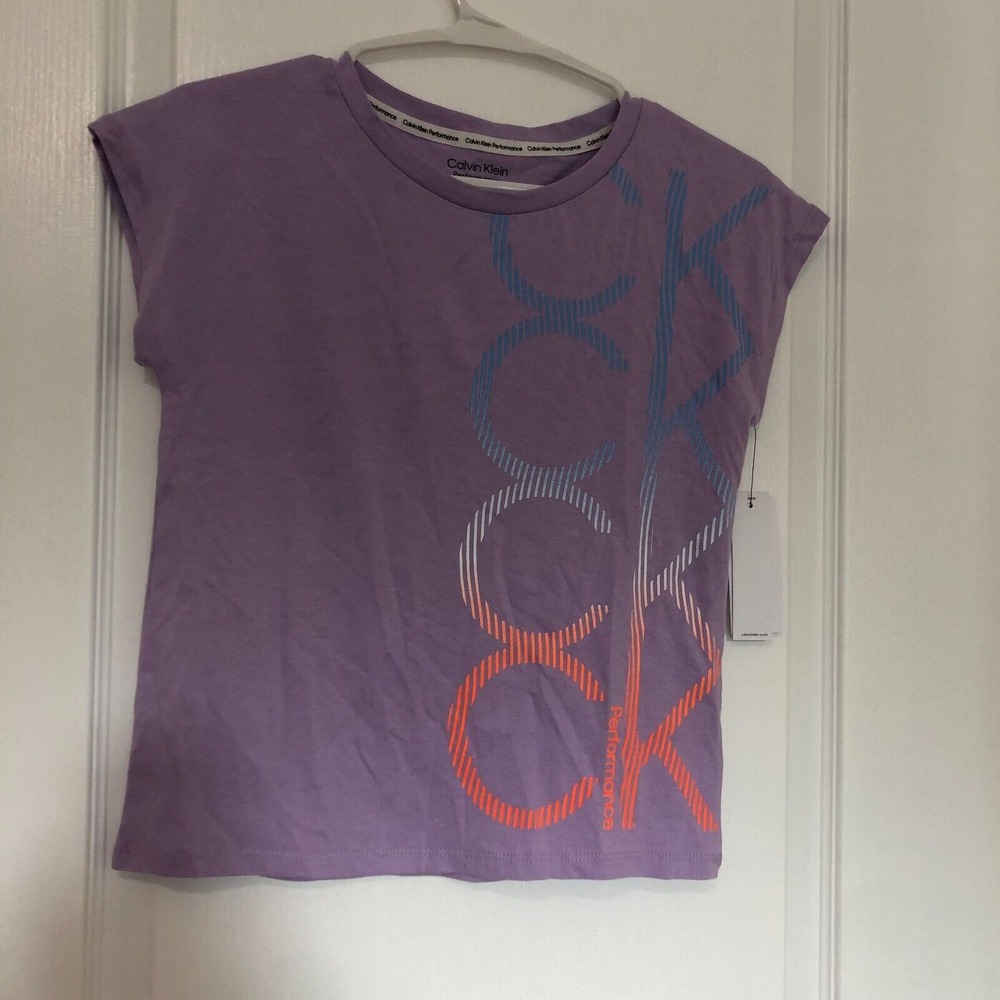 Calvin Klein Performance Girls Purple Rose CK Logo Graphic Tee Shirt Size M 8/10